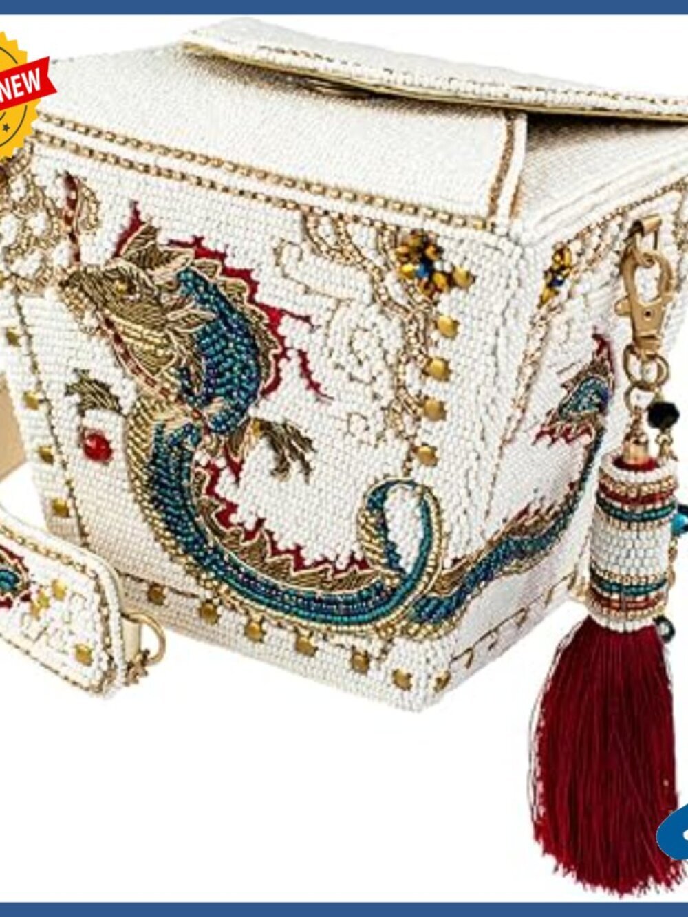 Hand-Beaded Dragon Top Handle Crossbody Bag, 6x5 Inches, Heavyweight Cotton